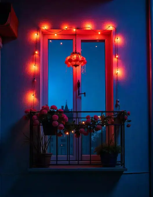 Festive balcony with red lights and flowers for Diwali decoration | Beautiful Balcony Lighting Decoration for Diwali Festival 2024 | Diwali Balcony Decor | Decorations Guru