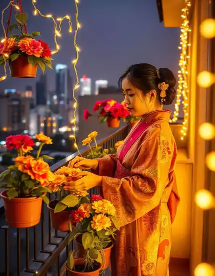 Woman decorating balcony with marigold flowers and fairy lights for Diwali | Balcony Diwali Decoration with Marigold Flowers and Fairy Lights | Diwali Balcony Decoration | Decorations Guru