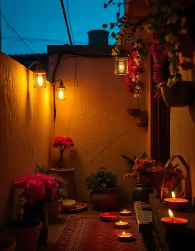 Beautiful Diwali balcony decorated with diyas, flowers, and lanterns | Diwali Balcony Decoration with Diyas and Lanterns | Diwali Balcony Decorations | Decorations Guru