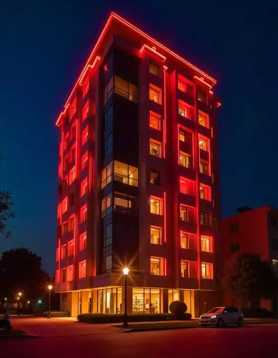 Vibrant red LED lighting on building for Diwali celebration | Diwali building lighting decoration | Diwali Building Decorations | Decorations Guru