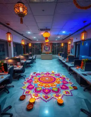 Diwali office decoration with colorful rangoli and hanging lanterns | Office Diwali Rangoli Decoration | Diwali Celebrations | Decorations Guru