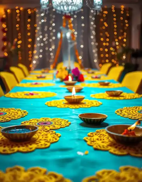 Diwali table decorated with diyas and yellow rangoli mats under festive lights | Festive Diwali Table Decor with Diyas and Rangoli Mats | Diwali Decor | Decorations Guru