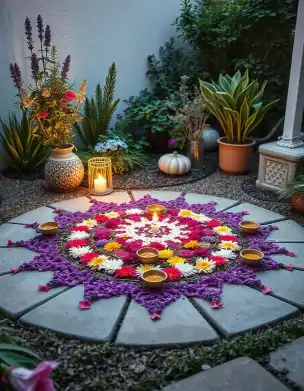 Dipawali DecorationDecoration -Outdoor Flower Rangoli with Diyas and Lanterns for Diwali | Flower Rangoli with Diyas and Lanterns | Diwali Decor