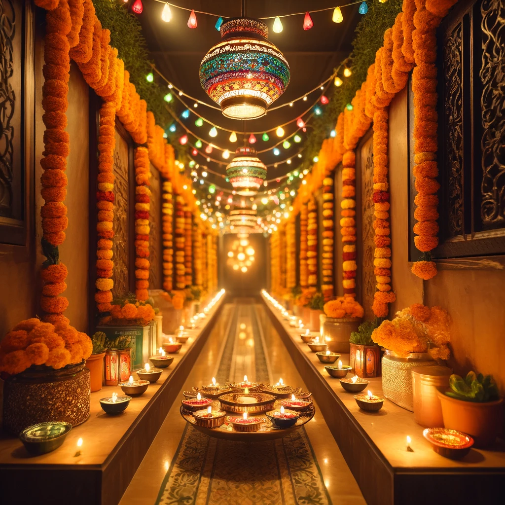 Beautiful Diwali corridor decorated with marigold garlands, diyas, and colorful lights | Marigold & Diya Corridor Décor for Diwali | Diwali Decor Ideas | Decorations Guru