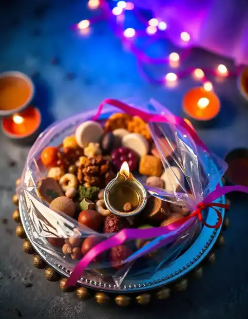 Diwali gift tray with sweets, dry fruits, and diya decorated with ribbon | Diwali Gift Tray with Sweets and Diya | Diwali Decoration | Decorations Guru