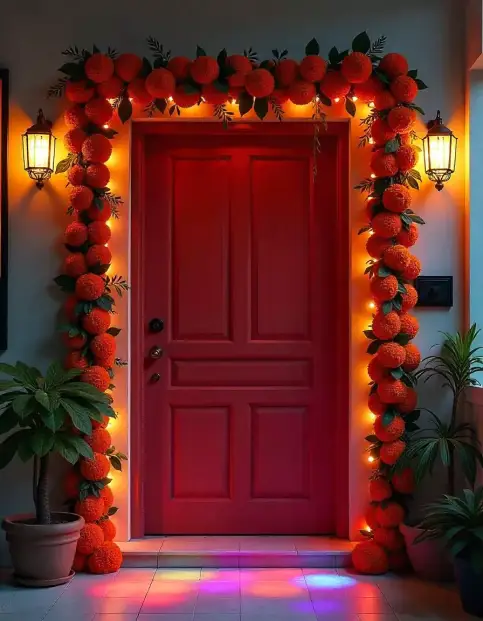 Diwali doorway decorated with marigold flower garland and festive lights | Marigold Flower Garland with Lights for Diwali Doorway | Diwali Decoration | Decorations Guru