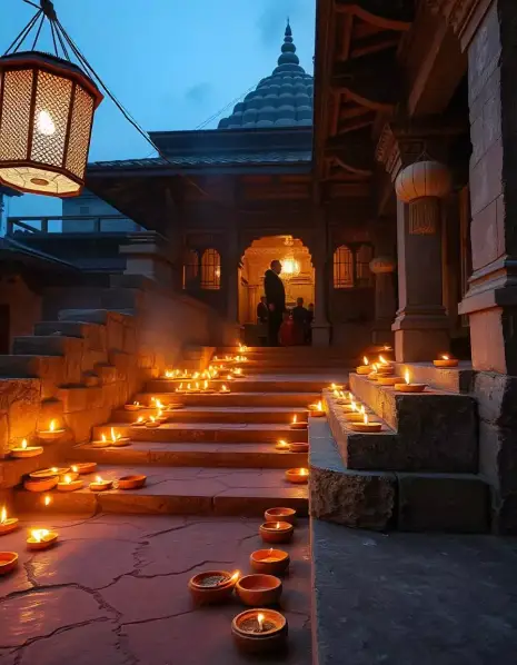 Diwali temple stairs illuminated with diyas in the evening, creating a serene ambiance | Diwali Temple Lighting Decoration with Diyas | Diwali Decoration | Decorations Guru