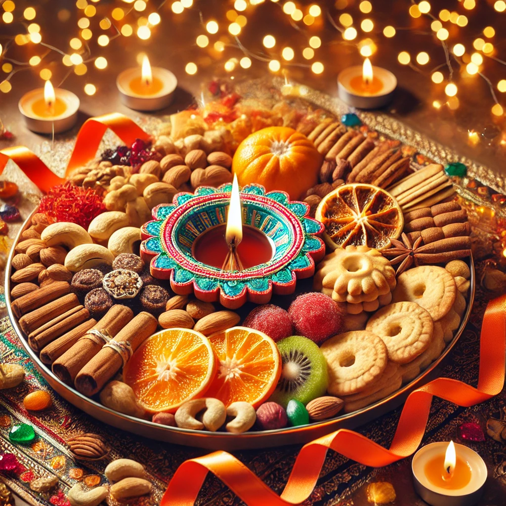 Diwali platter with traditional snacks, colorful diya, and festive lights | Traditional Diwali Snack and Diyas Platter | Diwali Decoration | Decorations Guru