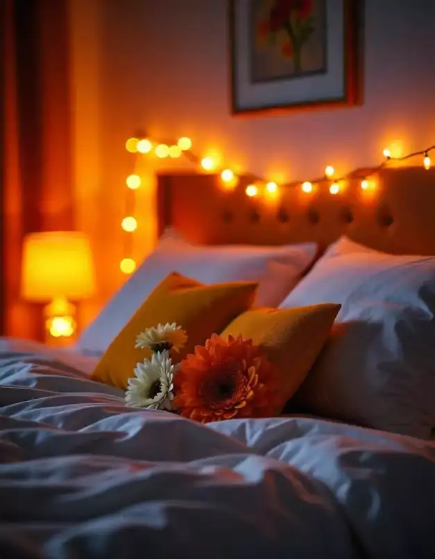 Cozy bedroom decorated with warm festive string lights and vibrant pillows for Diwali celebration | Elegant Bedroom Festive Lights Décor for Diwali | Diwali Decoration Ideas | Decorations Guru