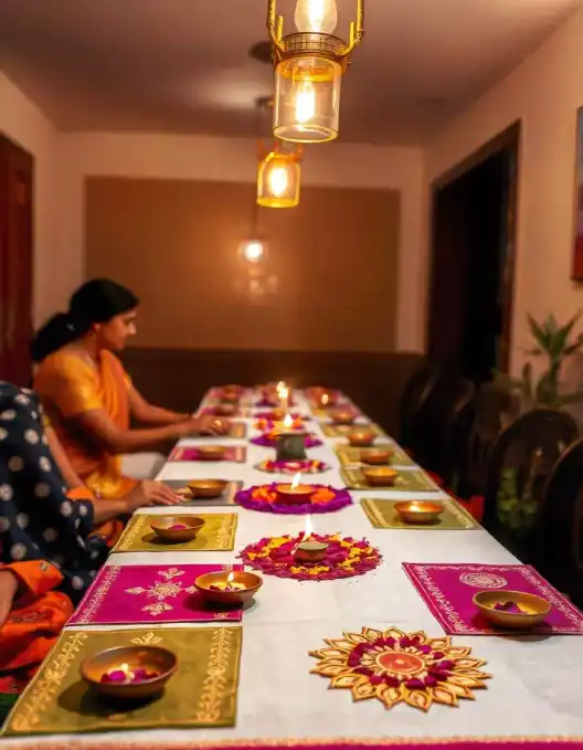 Diwali dining table decoration with diyas and flower rangoli for festive celebrations | Diwali Dining Table Decoration with Diyas and Flower Rangoli | Diwali Decoration Ideas | Decorations Guru