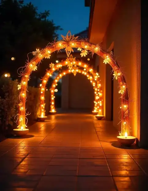 Diwali entrance archway decorated with lights for festive celebration | Diwali Entrance Arch Decoration with Lights | Diwali Decoration Ideas | Decorations Guru