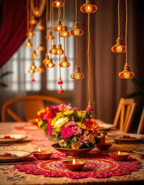 Diwali table decor with hanging diyas and floral centerpiece | Elegant Diwali Table Decor with Hanging Diyas and Floral Centerpiece | Diwali Decoration Ideas | Decorations Guru