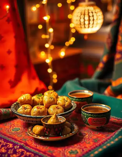 Diwali traditional snack setup with tea cups, fairy lights, and festive decor | Traditional Diwali Snack and Tea Setup | Diwali Decoration Ideas | Decorations Guru