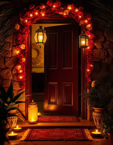 Diwali decorated doorway with hanging lanterns, floral garland, and lit diyas | Elegant Diwali Doorway Decoration with Lanterns and Diyas | Diwali Decoration Ideas | Decorations Guru