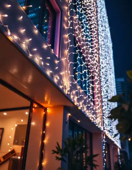 Outdoor Diwali lights decorating a building exterior with warm and cool white LED lights | Diwali Outdoor Lighting | Diwali Decoration Ideas | Decorations Guru