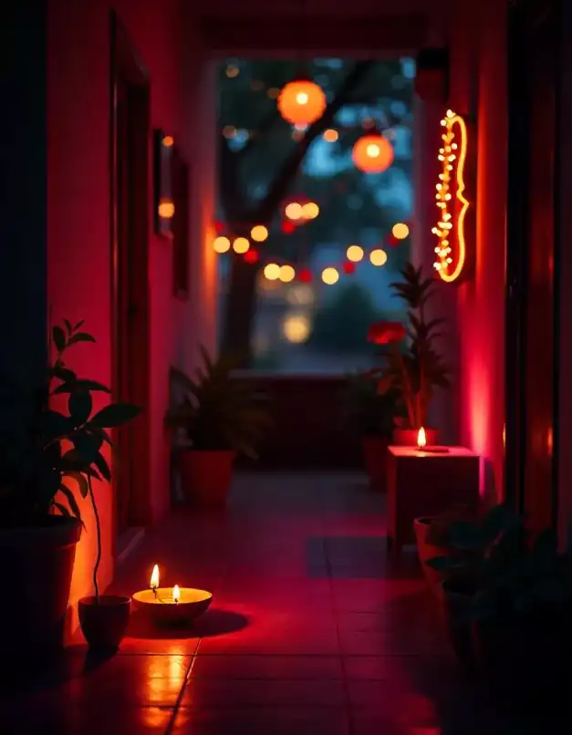 Warmly lit corridor with Diwali diyas and hanging lanterns | Warm Diwali Corridor Décor with Diyas and Lanterns | Diwali Decorations | Decorations Guru