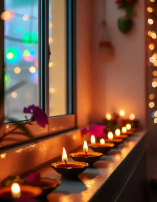 \"Diwali diyas beautifully arranged on a windowsill with festive lights in the background | Beautiful Diwali Diya Decoration Ideas for a Festive Ambiance | Diwali Decorations | Decorations Guru