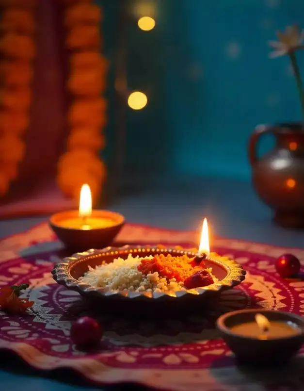 Beautifully lit diyas on a colorful rangoli with marigold garland for Diwali | Diya and Rangoli Diwali Setup | Diwali Decorations | Decorations Guru