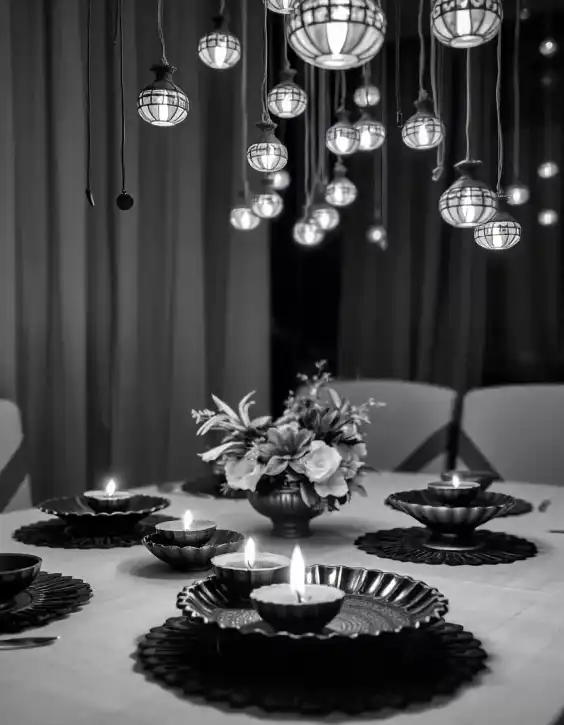 Diwali table decoration with diyas and hanging lanterns | Elegant Diwali Table Decoration | Diwali Decorations | Decorations Guru