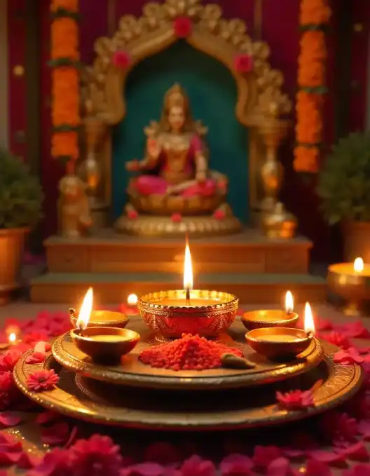 Diwali Pooja thali with lit diyas and a beautiful idol of Goddess Lakshmi in the background. | Diwali Pooja Thali with Diyas and Goddess Lakshmi Idol | Diwali Decorations | Decorations Guru