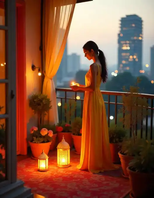 Outdoor Diwali balcony decoration with diyas and lanterns during sunset | Outdoor Diwali Balcony Decoration with Diyas | Diwali Decorations | Decorations Guru