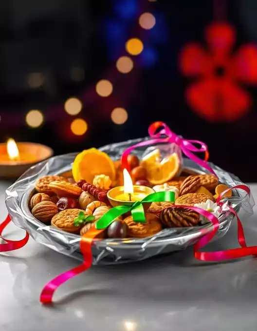 festive Diwali thali (plate) filled with assorted snacks and a diya, decorated with ribbons and lights. | Festive Diwali Thali with Snacks and Diya Decoration | Diwali Decorations | Decorations Guru