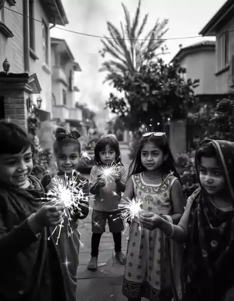 Children celebrating Diwali with sparklers in a festive outdoor setting | Children\'s Sparkler Celebration for Diwali | Diwali Decorations | Decorations Guru