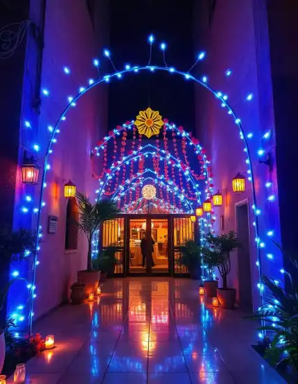 Beautifully decorated entrance with blue and red festive lights for Diwali celebration | Illuminated Archway with Festive Lights | Diwali Decorations | Decorations Guru