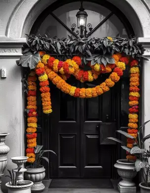 Traditional marigold and leaf garland hanging on a doorway for Diwali decoration | Marigold and Leaf Toran Door Decor | Diwali Decorations | Decorations Guru