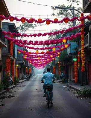 Diwali street decorated with garlands and lanterns | Street Garland Festival Decor | Diwali Decorations | Decorations Guru