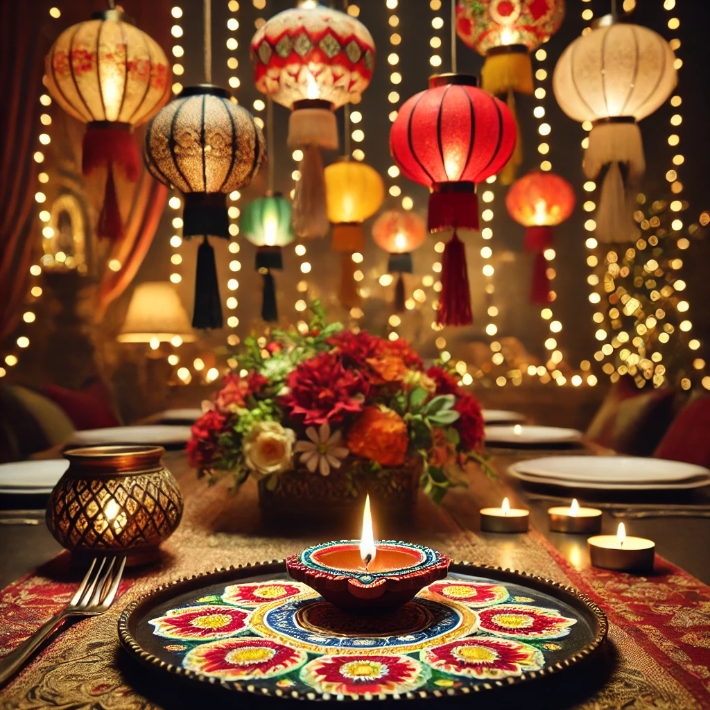 Diwali decoration with colorful diyas and hanging lanterns creating a festive ambiance | Traditional Diwali Décor with Diyas and Lanterns | Diwali Decorations | Decorations Guru