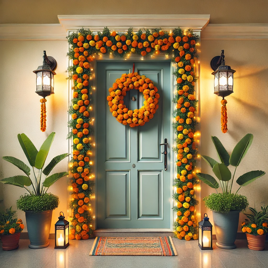 Festive door decorated with marigold garland, wreath, lanterns, and lights for Diwali | Marigold Flower Door Decoration with Lanterns and Lights | Diwali Door Decor | Decorations Guru