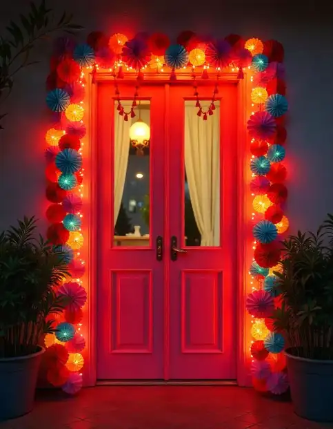 Door decorated with colorful paper lanterns and fairy lights for Diwali | Diwali Door Decoration with Bright Paper Lanterns and Fairy Lights | Diwali Door Decoration Ideas | Decorations Guru