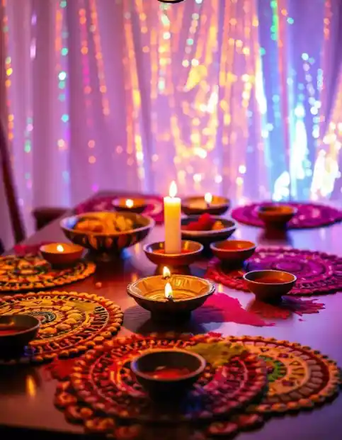 Diwali table decoration with colorful diyas, rangoli mats, and candlelight | Diwali Table Decoration with Diyas and Rangoli Mats | Diwali Festival Decor Ideas | Decorations Guru