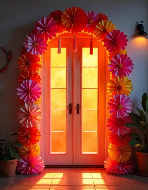 Bright door decorated with vibrant paper flowers for Diwali celebration | Floral Door Frame with Paper Flowers for Diwali | Diwali Festival Decoration | Decorations Guru