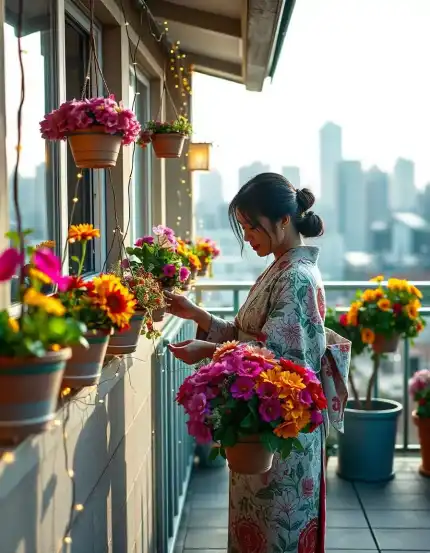 Woman arranging colorful flowers on a balcony for Diwali decoration | Balcony Flower Arrangement for Festive Charm | Diwali Festival Decoration Ideas | Decorations Guru