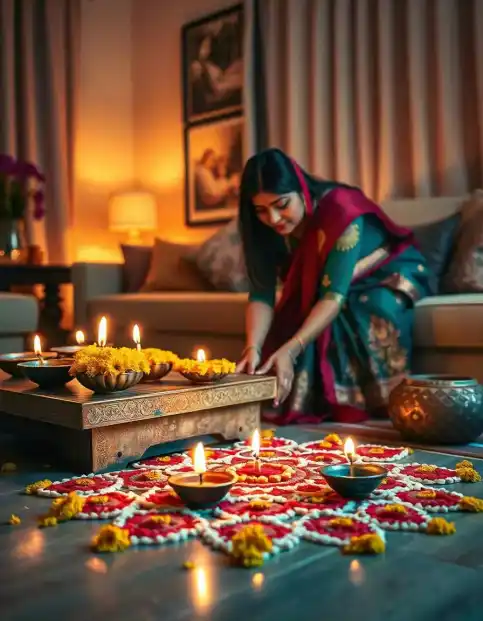 Woman decorating Diwali Rangoli with diyas and marigold flowers in a festive setup | Traditional Diwali Rangoli with Diyas and Marigold Flowers | Diwali Festival Decorations | Decorations Guru