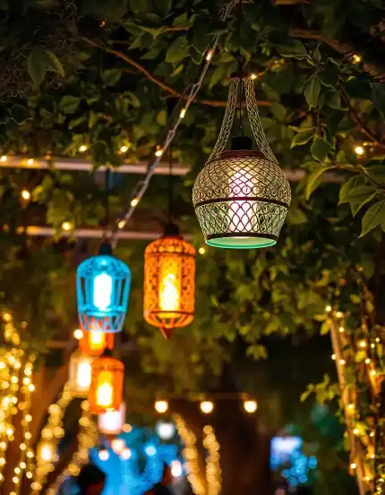 Colorful hanging lanterns and string lights for Diwali decoration under trees | Hanging Lantern Decor for Diwali | Diwali Festival Decorations | Decorations Guru