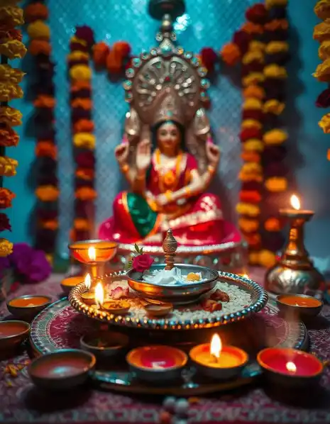 Vibrant Diwali Lakshmi Puja setup with marigold garlands and lit oil lamps (diyas) | Lakshmi Puja Shrine for Diwali | Diwali Festival Décor | Decorations Guru