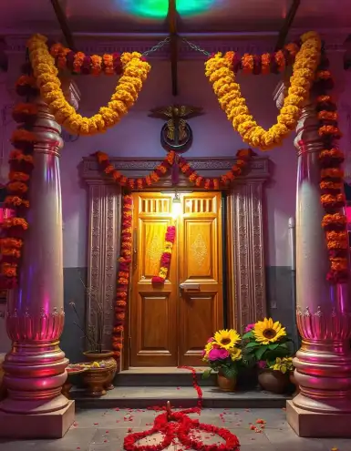 Diwali doorway decorated with marigold garlands, floral rangoli, and diya lighting | Traditional Diwali Doorway Decoration with Marigold Garlands and Floral Rangoli | Diwali Festival Home Decoration | Decorations Guru