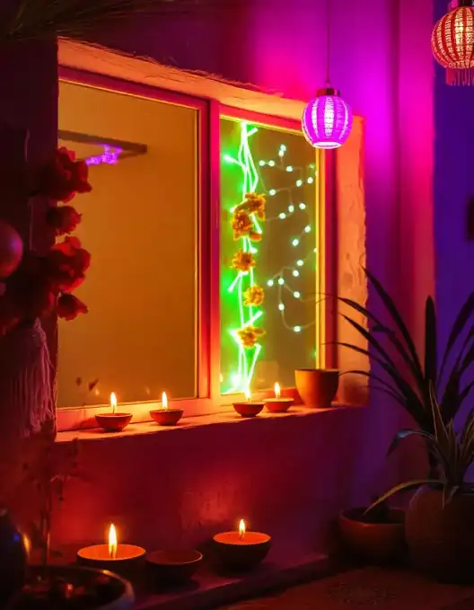 Vibrant window decorated with glowing diyas, colorful lanterns, and fairy lights for Diwali celebration | Festive Window Diwali Decoration with Diyas and Fairy Lights | Diwali Festival Home Decorations | Decorations Guru