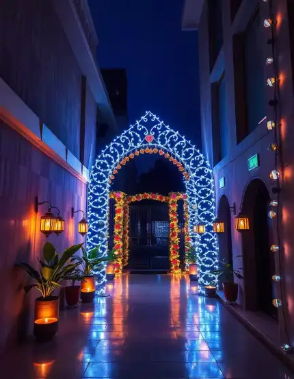 Illuminated entrance archway decorated with lights and flowers for Diwali celebration | Grand Entrance Archway Diwali Decoration | Diwali Festival Outdoor Decoration Ideas | Decorations Guru