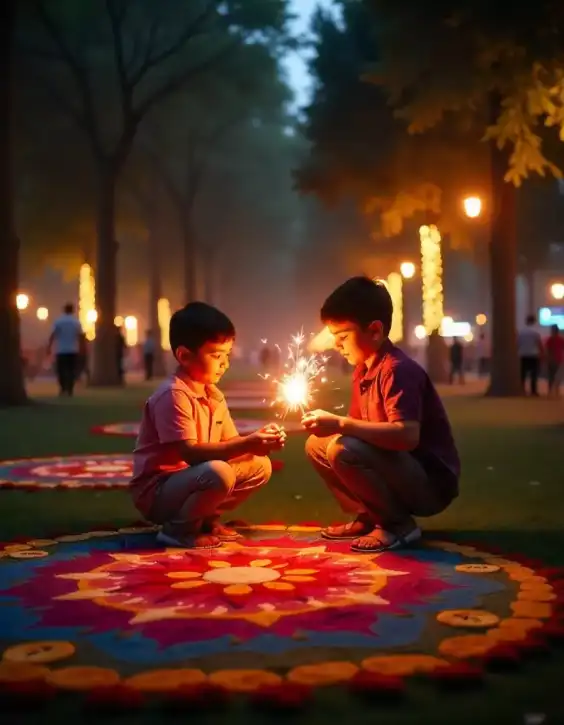 Two young boys enjoying sparklers while sitting on a vibrant Diwali rangoli outdoors in the evening. | Diwali Sparkler Celebration with Rangoli for Kids | Diwali Festival Outdoor Decorations | Decorations Guru