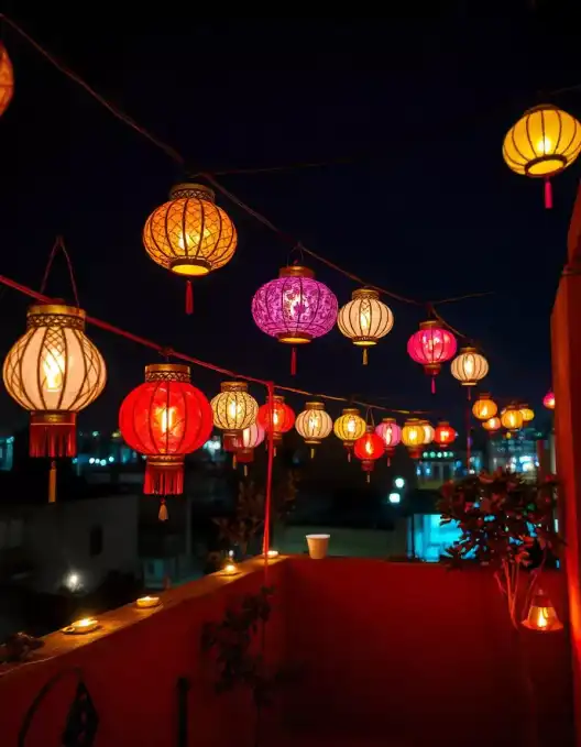 Colorful Diwali lanterns hanging on a balcony at night | Diwali Lantern Balcony Lighting | Diwali Festival Outdoor Decorations | Decorations Guru