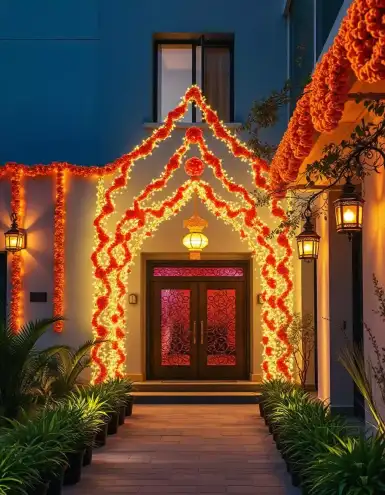 Marigold flower and light decoration at entrance for Diwali festival | Elegant Diwali Marigold & Light Entrance Decoration | Diwali Festival Outdoor Decorations | Decorations Guru