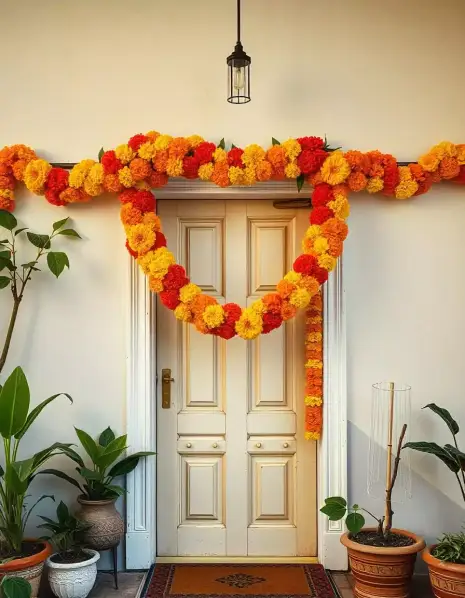 Diwali door decoration with marigold garlands in yellow and orange hues | Marigold Flower Garland Decoration for Diwali | Diwali Floral Decor | Decorations Guru