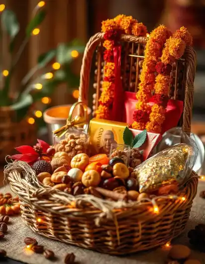 Diwali gift basket with dry fruits, marigold garland, and festive decorations | Festive Diwali Gift Basket | Diwali Gift Decoration Ideas | Decorations Guru