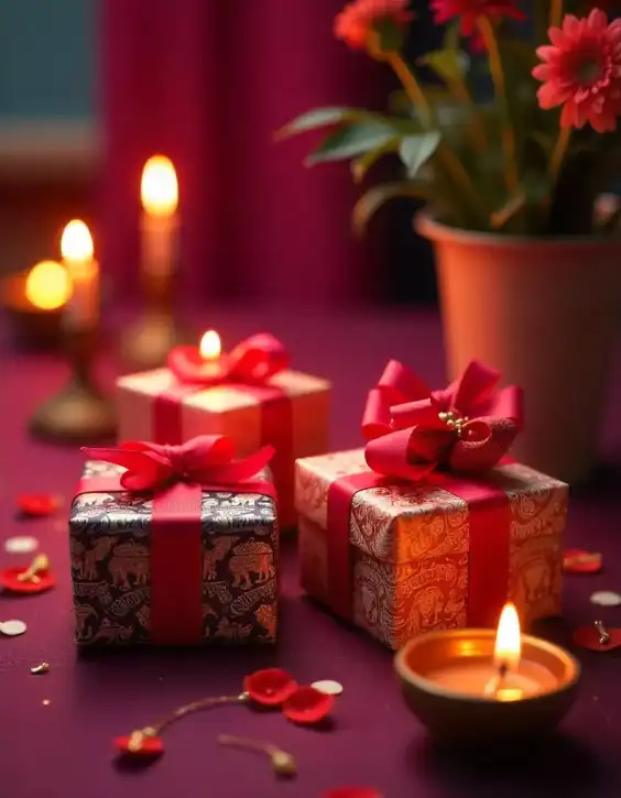 Beautifully wrapped Diwali gifts with red ribbons, surrounded by diyas and flowers. | Elegant Diwali Gift Wrapping Ideas for Festive Celebrations | Diwali Gifts Decoration | Decorations Guru