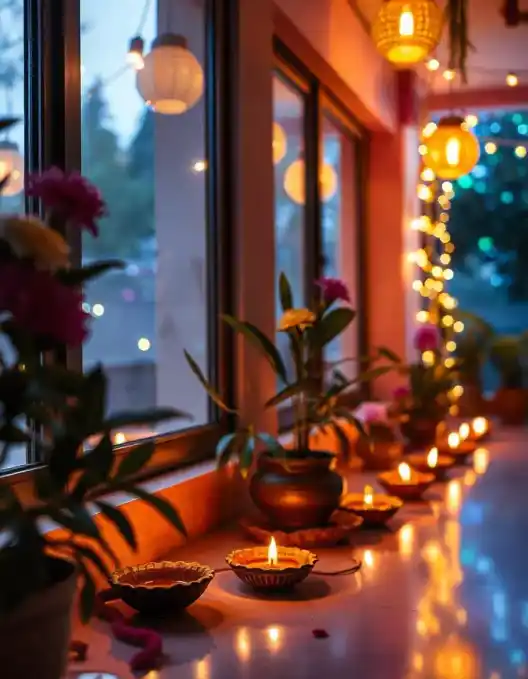 Beautiful Diwali diyas and lanterns arranged along a window with festive lights | Diwali Diyas and Lanterns Setup | Diwali Home Decor | Decorations Guru