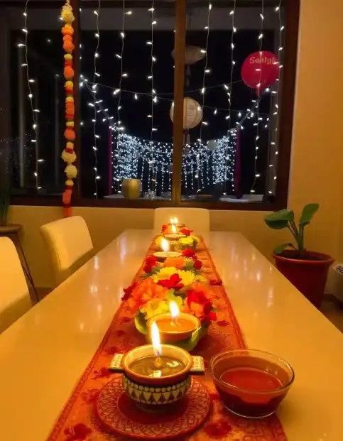 Diwali table decoration with diyas, flowers, and fairy lights in a cozy home setting | Diwali Table Decoration with Diyas and Fairy Lights | Diwali Home Decor | Decorations Guru